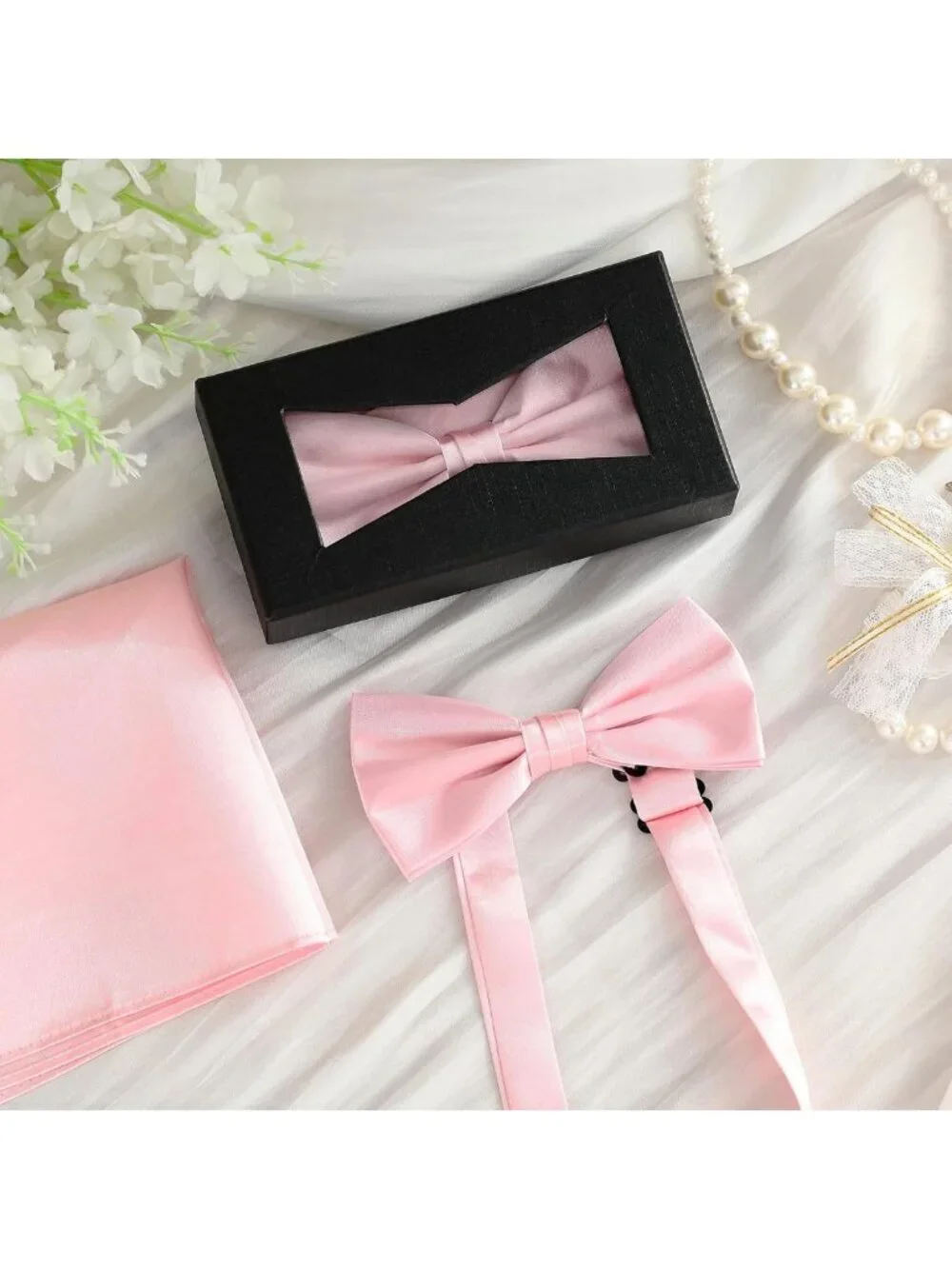 Elegant Pink Bow Tie & Pocket Square Set for Men - Pre-Tied, Gift Boxed, Wedding